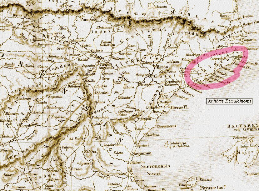 Mapa de los pueblos prerromanos del nordeste peninsular, con el territorio layetano señalado en rosa