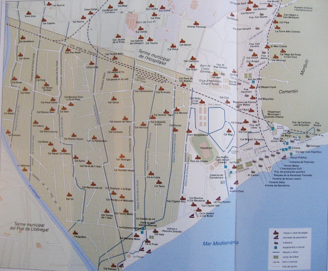 Mapa antiguo de las masías de la zona de Montjuïc, Sants y l'Hospitalet