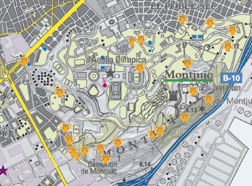 Plano estático con yacimientos arqueológicos marcados en Montjuïc
