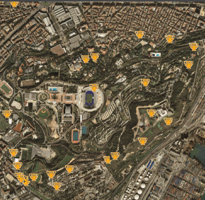 Vista aérea con yacimientos arqueológicos marcados en Montjuïc