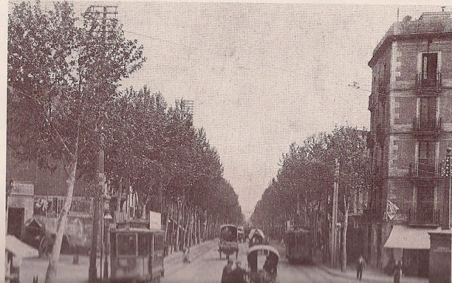Avenida arbolada de Sants con tranvías, principios del siglo XX
